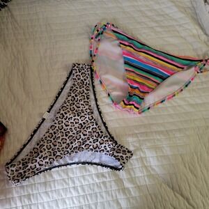 Set of 2 XL Bikini Bottoms OP Bright Stripes Leopard Print‎ Swimsuit Women's
